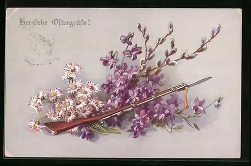 Künstler-AK M. Munk Nr. 961: Ostergrüsse mit Gewehr und Blumen