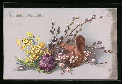 Künstler-AK M. Munk Nr. 961: Ostergrüsse mit Blumen und Pferdesattel