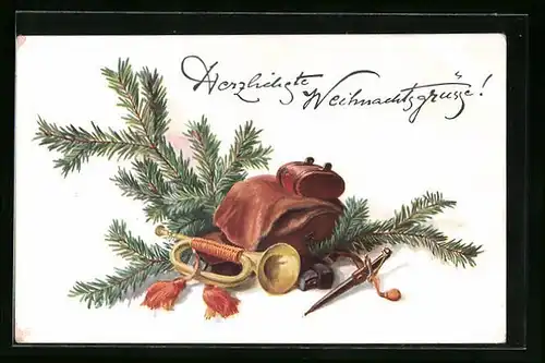 Künstler-AK M. Munk Nr. 930: Weihnachtsgrüsse mit Trompete und Marschgepäck