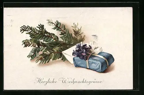 Künstler-AK M. Munk Nr. 1229: Weihnachtsgrüsse mit Geschenk in blauem Papier