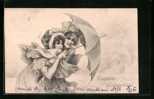 Künstler-AK M. Munk Nr. Zwei Mädchen mit Regenschirm im Schneesturm, Weihnachtsgrüsse