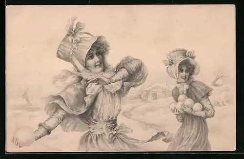 Künstler-AK M. Munk Nr. 89: Mädchen in Kleidern bei der Schneeballschlacht