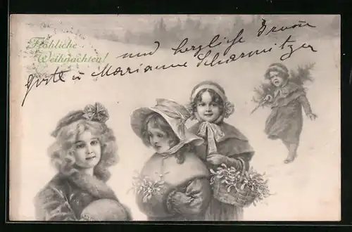 Künstler-AK M. Munk Nr. 282: Weihnachtsgrüsse mit Kindern im Schnee beim Mistelsammeln