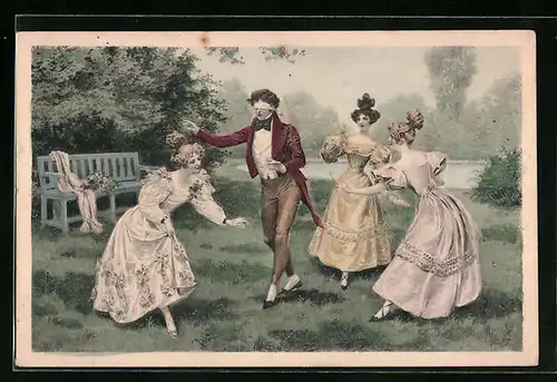 Künstler-AK M. Munk Nr.152: Drei Damen und ein Herr spielen Blindekuh im Garten