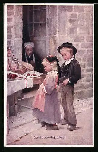 Künstler-AK M. Munk Nr. 1084: Tantalus-Qualen! - Kinder am Kirschen-Verkaufsstand