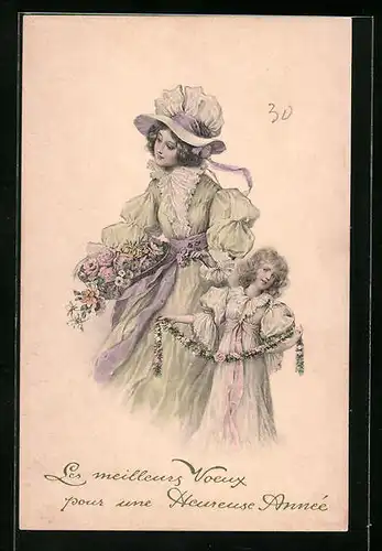 Künstler-AK M. Munk Nr. 237: ... Heureuse Année - Mutter mit Blumenkorb und Kind mit Girlande