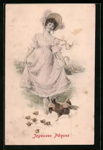 Künstler-AK M. Munk Nr. 179: Joyeuses Paques - Junge Frau mit Henne und Kükenschar