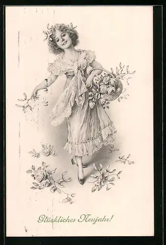 Künstler-AK M. Munk Nr. 344: Glückliches Neujahr - Mädchen verstreut Rosen und Mistelzweige