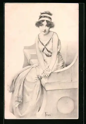 Künstler-AK M. Munk: Junge Frau auf einer Bank