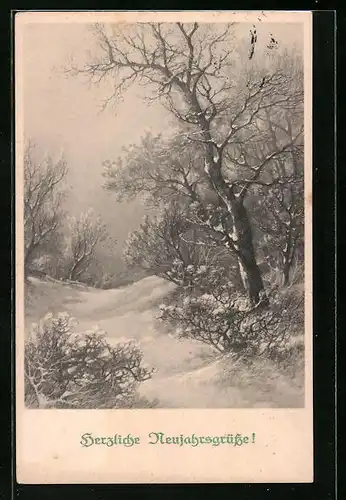 Künstler-AK M. Munk Nr. 1018: Herzliche Neujahrsgrüsse - Verschneite Landschaft