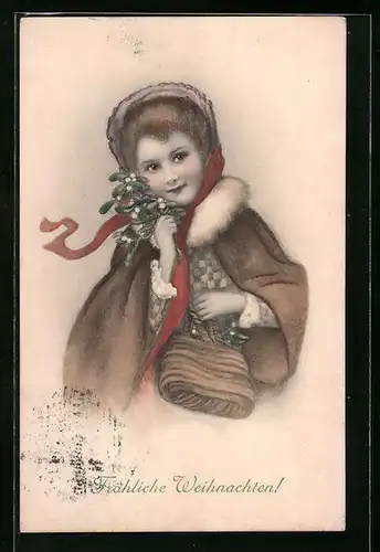 Künstler-AK M. Munk Nr. 338: Fröhliche Weihnachten - Mädchen im Poncho mit Mistelstrauss