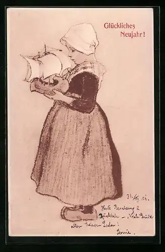 Künstler-AK M. Munk Nr. 169: Mädchen in Holzschuhen mit Spielzeugschiff