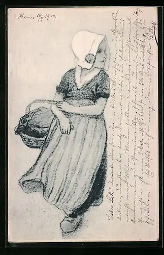 Künstler-AK M. Munk Nr. 169: Mädchen in Holzschuhen mit Korb am Arm