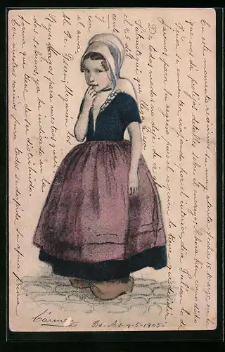Künstler-AK M. Munk Nr. 170: Schüchternes Mädchen in Holzschuhen