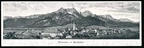 Klapp-AK Saalfelden, Ortsansicht gegen die Berge, Gasthof zur Post