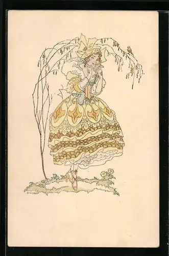 Künstler-AK M. Munk Nr. 1237: Dame unter Baum mit Vogel