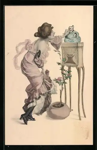 Künstler-AK M. Munk Nr. 105: Frau im Abendkleid mit Topfpflanze und Buddhafigur