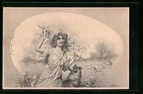 Künstler-AK Wichera, M. Munk Nr. 178: Junge Dame mit Hund und Schäfer im Hintergrund