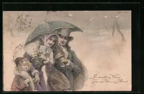 Künstler-AK Wichera, M. Munk Nr. 282: Familienspaziergang im Schnee