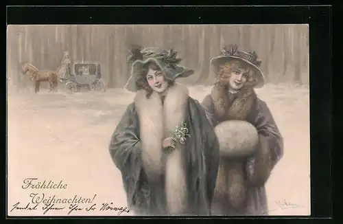 Künstler-AK Wichera, M. Munk Nr. 282: Junge Damen im Pelz, Kutsche im Hintergrund