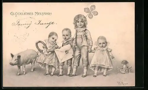 Künstler-AK Wichera, M. Munk Nr. 123: Vier Kinder mit Schwein, Hufeisen und Kleeblatt