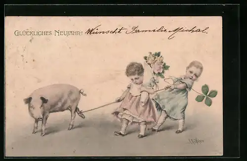Künstler-AK Wichera, M. Munk Nr., Zwei Kleinkinder mit Blumen und Schwein