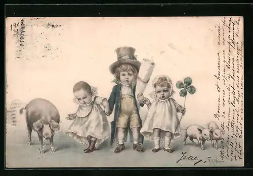 Künstler-AK Wichera, M. Munk Nr., Drei Kleinkinder mit Kleeblatt und Schweinen