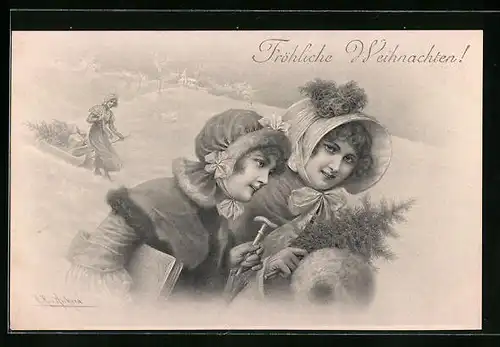 Künstler-AK Wichera, M. Munk Nr. 101: Junge Damen beim Winterspaziergang