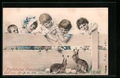 Künstler-AK Wichera, M. Munk Nr., Kinder füttern über den Zaun Kaninchen