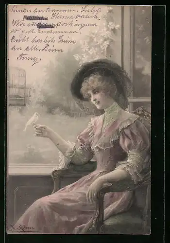Künstler-AK Wichera, M. Munk Nr. 369: Lächelnde Dame mit Hut am geöffneten Fenster