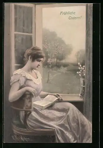 Künstler-AK Wichera, M. Munk Nr. 369: Lesende junge Dame am offenen Fenster