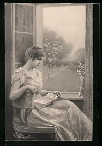 Künstler-AK Wichera, M. Munk Nr. 369: Am offenen Fenster sitzende, lesende junge Dame