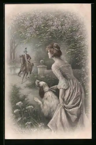 Künstler-AK Wichera, M. Munk Nr. 580: Junge Dame mit Hund erwarten Mann zu Pferd