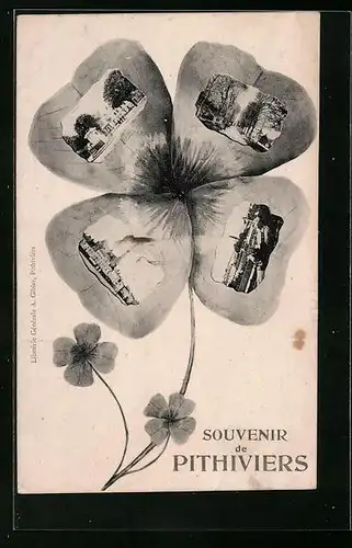 Blumengruss-AK Pithiviers, Strassenpartie und weitere Ansichten auf Kleeblatt