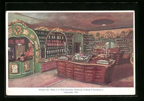 Künstler-AK Salzburg, Inneres der Alten f. e. Hof-Apotheke, Ludwig Viktorplatz 6
