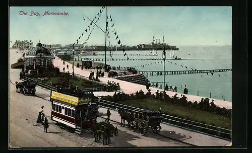 AK Morecambe, The Bay, Pferdebahn an der Hafenpromenade