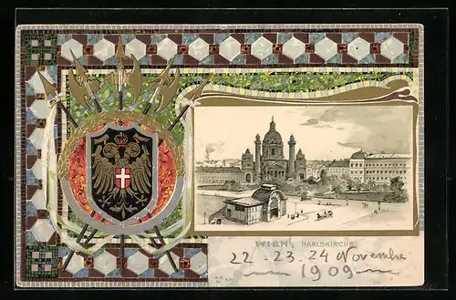 Passepartout-Lithographie Wien, Strassenpartie mit Karlskirche, Wappen