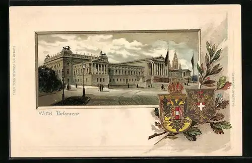Passepartout-Lithographie Wien, Strasse am Parlament, Wappen