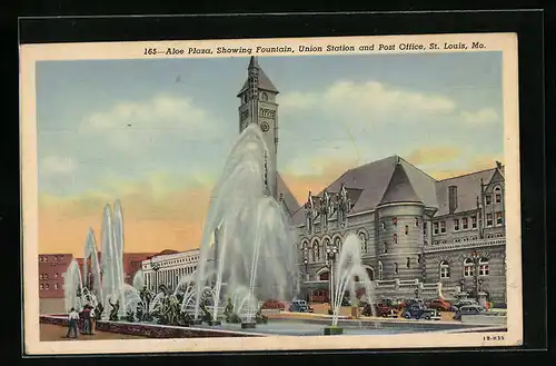 AK St. Louis, MO, Aloe Plaza, Showing Fountain, Union Station, Bahnhof