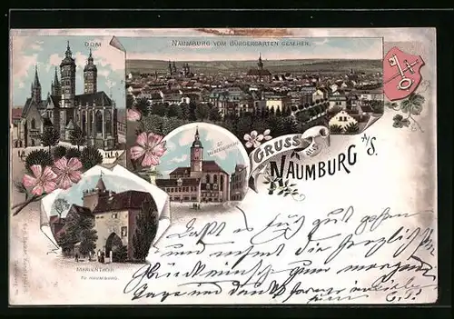 Lithographie Naumburg /Saale, Dom, Ortsansicht vom Bürgergarten gesehen, Marientor