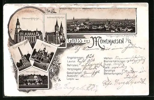 Lithographie Mühlhausen i. Th., Ortsansicht, Obermarktskirche, Untermarktskirche