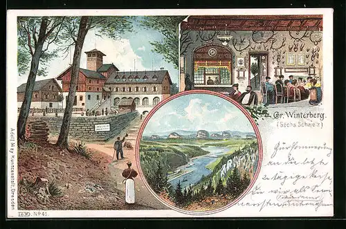Lithographie Bad Schandau, Hotel Gr. Winterberg, Innenansicht und Panorama