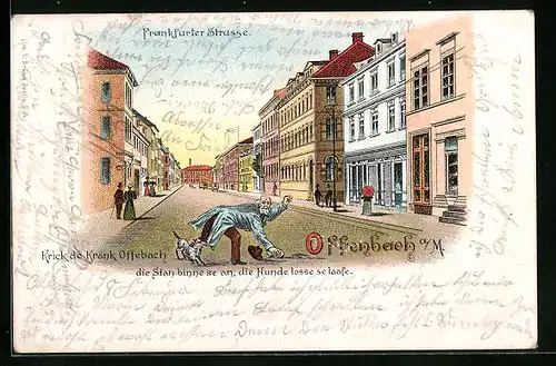 Lithographie Offenbach a. M., Frankfurter Strasse, Hund beisst Mann