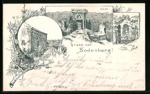 Lithographie Sodenberg, Ruine, Forsthaus