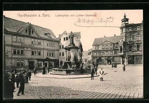 AK Nordhausen a. Harz, Lutherplatz mit Luther-Denkmal, Gasthaus Riesenhaus