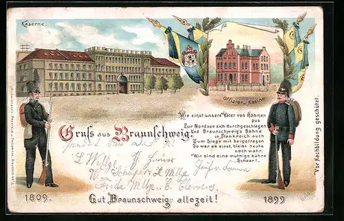Lithographie Braunschweig, Kaserne, Offiziers-Kasino, Soldaten in Uniform