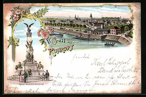 Lithographie Ruhrort, Ortsansicht, Kaiser-Wilhelm-Denkmal