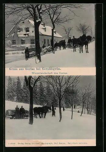 AK Gerlas bei Geroldsgrün, Winterlandschaft mit Pferdeschlitten und Gebäudeansicht