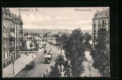 AK Frankfurt-Sachsenhausen, Wilhelmsbrücke mit Strassenbahnen