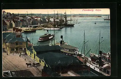 AK Flensburg, Hafen mit Dampf- und Segelschiffen